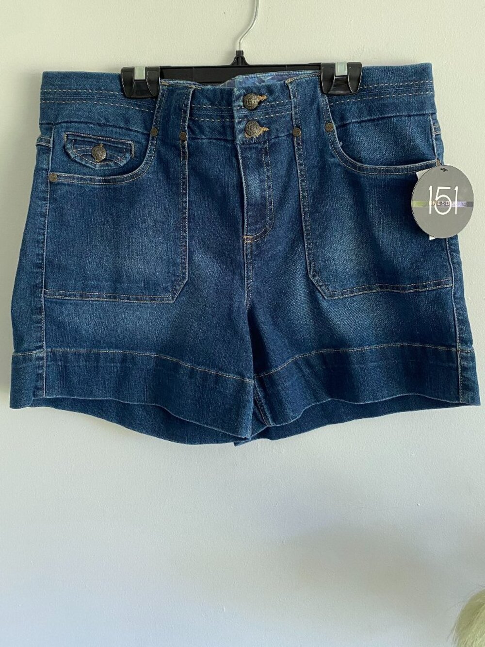 NWT One 5 One Denim Utility Cargo Shorts High Rise Medium Wash Size 14